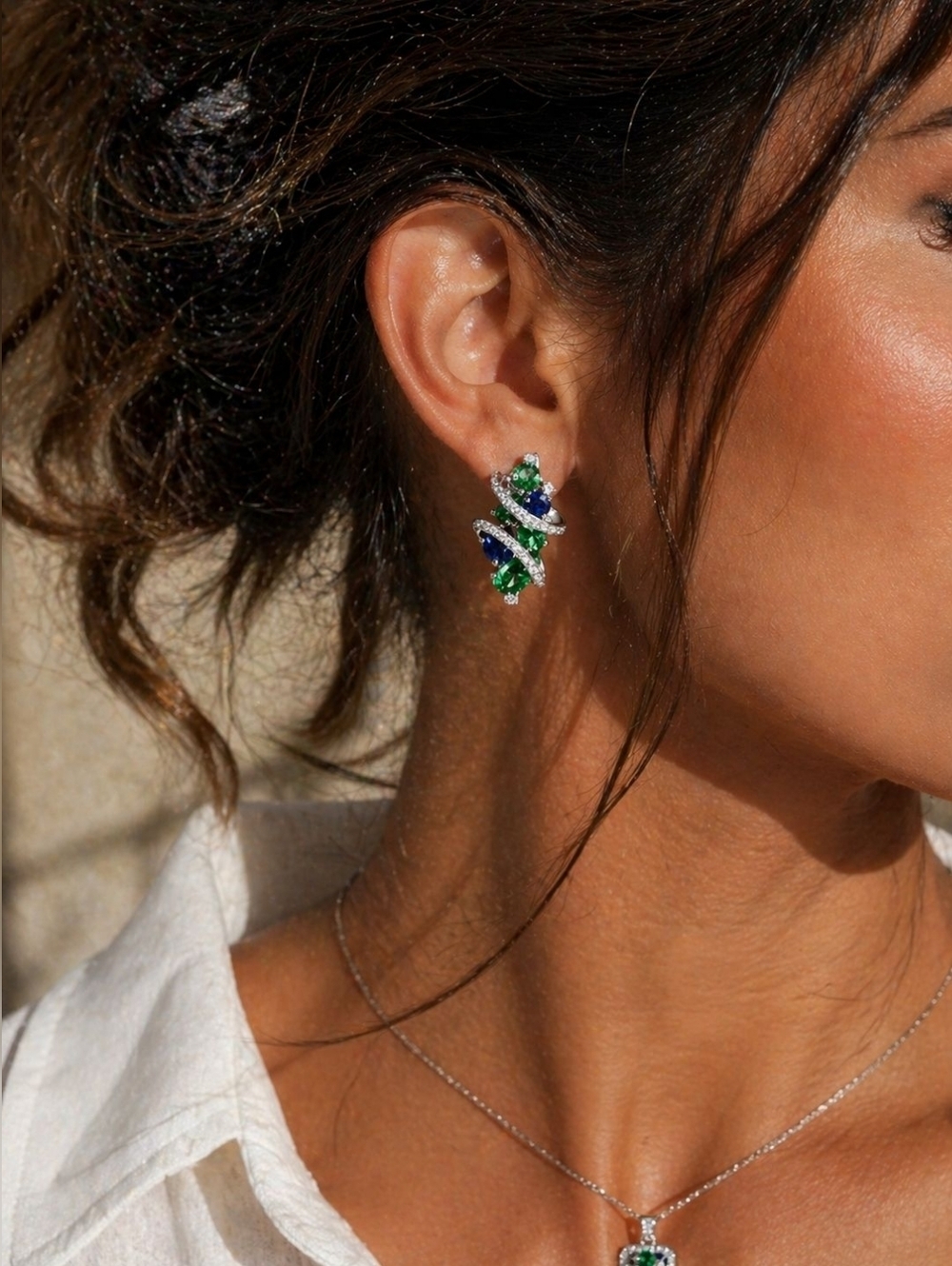 Twist Crystal Stud Earrings in Emerald & Sapphire - Women Jewelry - Picture 3 of 11